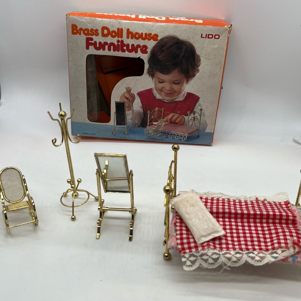 LIDO DOLL HOUSE BRASS FURNITURE LOT MIRROR Coat Rack Chair Bed